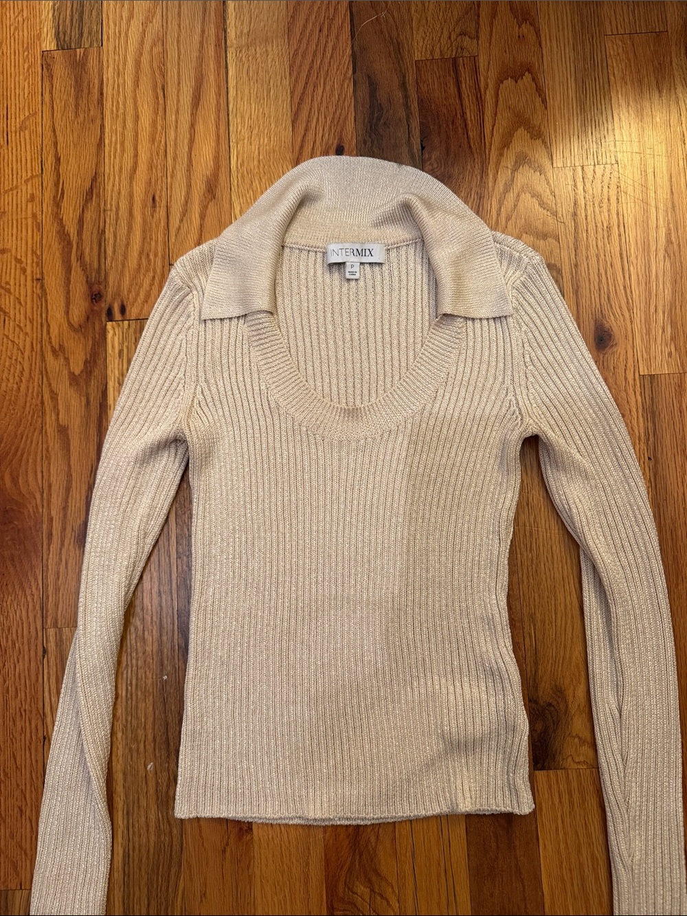 INTERMIX Slim Ribbed Scoop-Neck Sweater in Light Beige